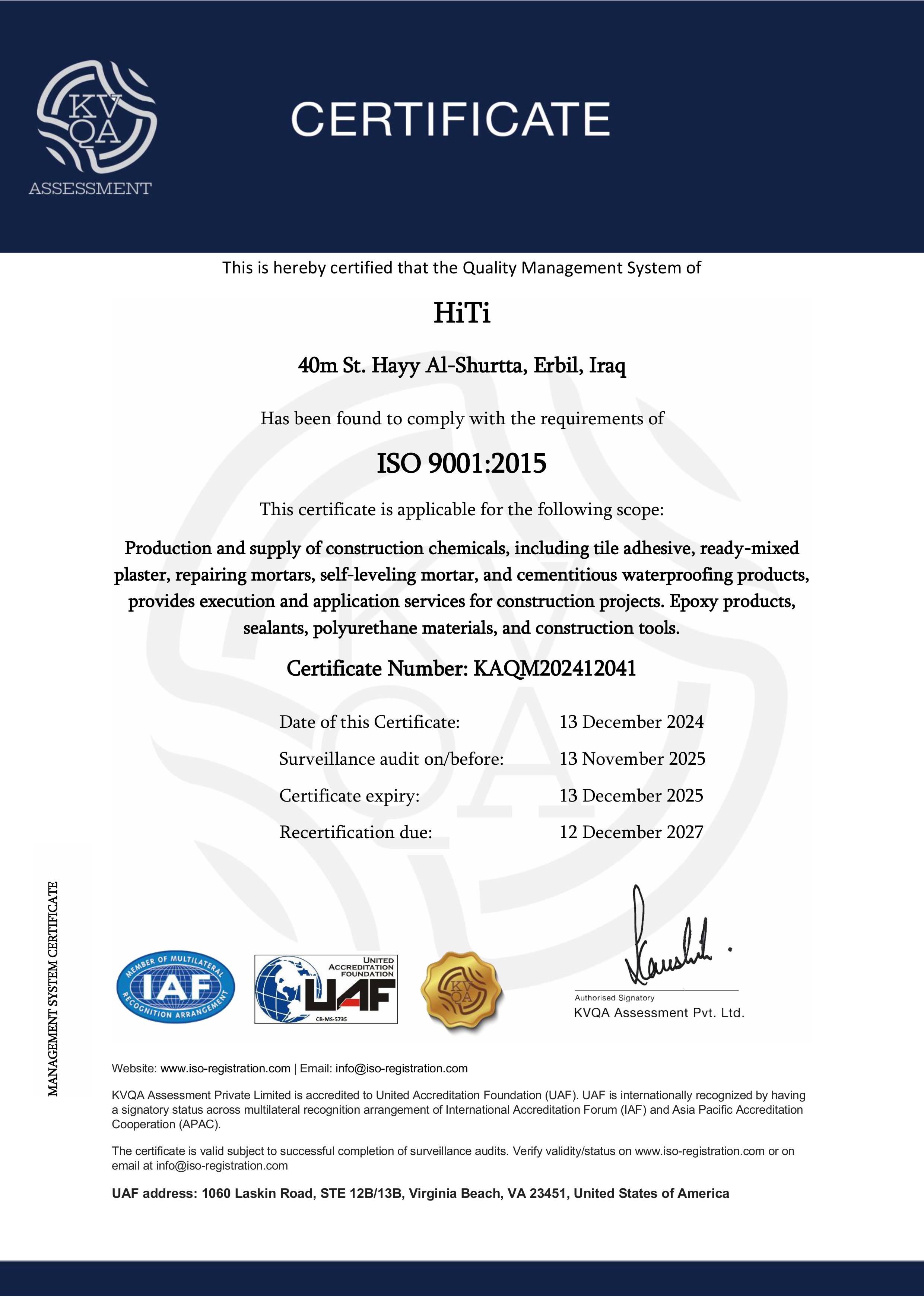 ISO 9001 Certificate